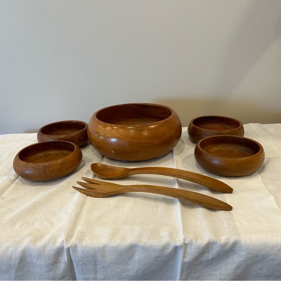 Mid Century Winsome Fine TeakWood Serving & Salad Bowls PLUS Servers 7 Pc Set - Picture 2 of 9
